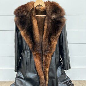 Genuine Fur Lined Leather Duster Jacket - Vintage
